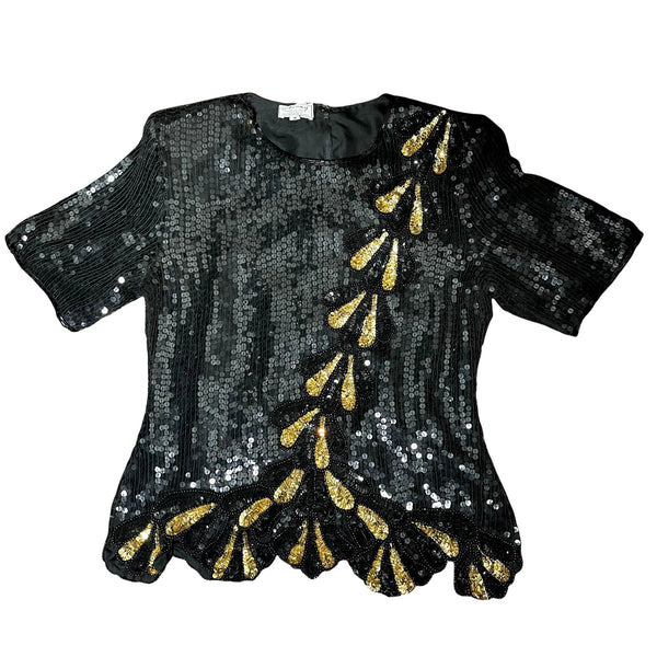 Vintage black and gold silk sequins top Medium