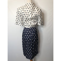 Vintage navy and white polka dot ruffle wrap dress